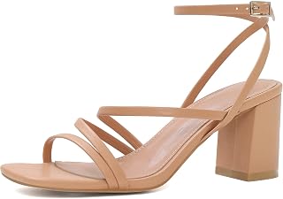 LACUONE Womens Block Heel Sandals Square Toe Buckle Ankle Strap Sandals