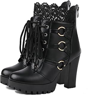 FOREADA Women's Black Chunky Gothic Lace Beaded Zipper Platform Ankle Boots
