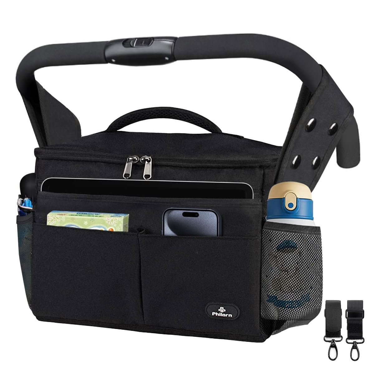 Philorn Pram Bag, Pushchair Organiser Bag with Insulated Cup Holders | Buggy Org