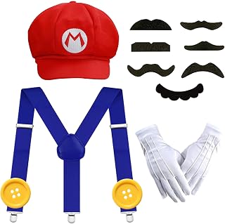 Super Bros Hat, Mustaches, Gloves & Buttons Costume Accessories for Adult Women Men Halloween Cosplay Dress Up