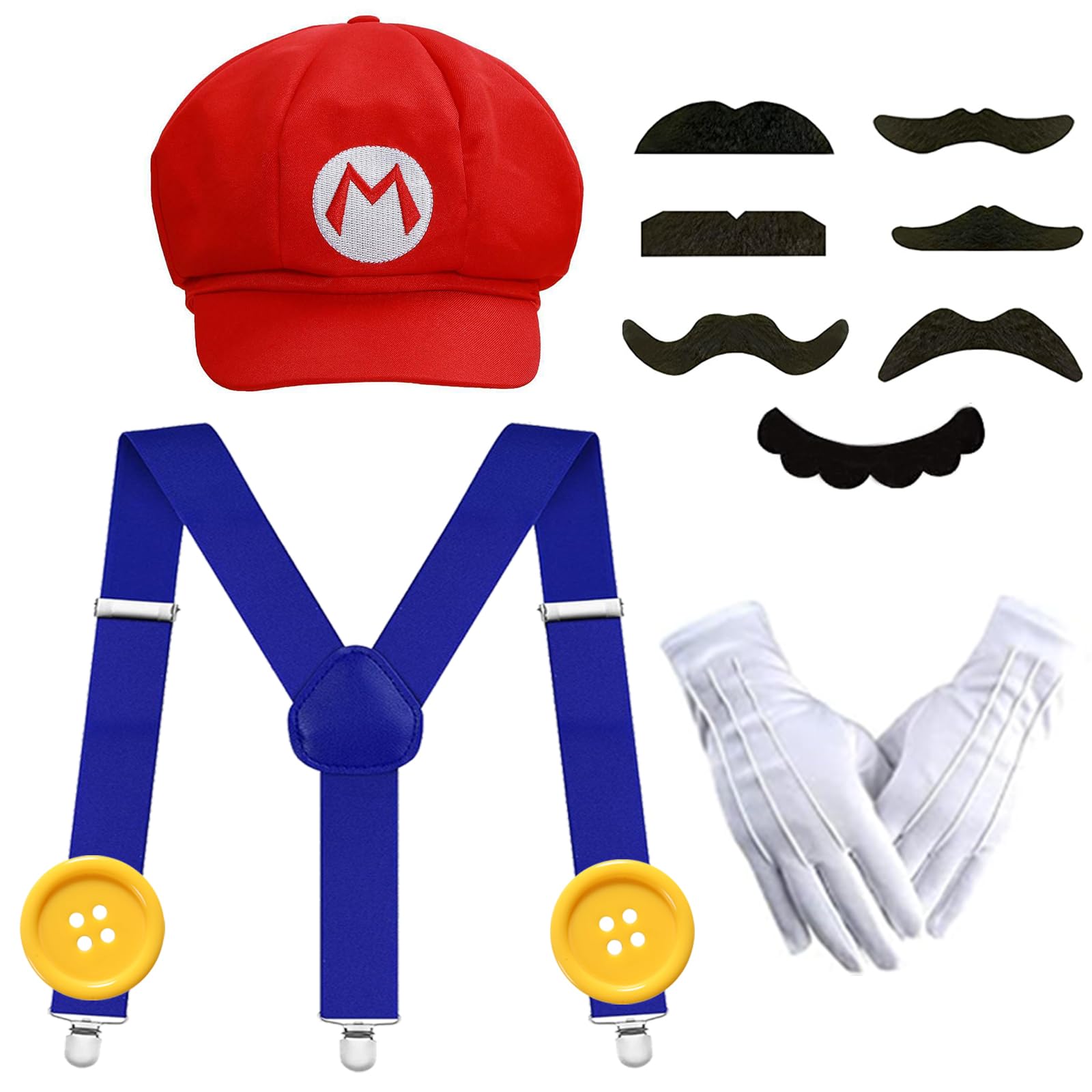 Super Bros Hat, Mustaches, Gloves & Buttons Costume Accessories for Adult Women 