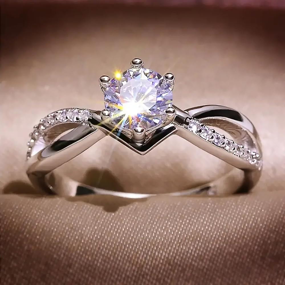 Trendy 6 Claws Zirconia Stone Rings for Women Fashion Silver Colour Proposal Ban