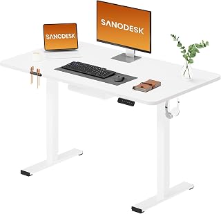 SANODESK Electric Lift-Up Desk with Whole Table, 120 x 60 cm, Height Adjustable with Memory, Stable, Quiet and Anti-Collision, Ideal Telework and Home Office (White)