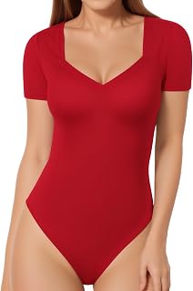 MANGOPOP Women's Sweetheart V Neck Short Long Sleeve Bodysuit Going Out Top