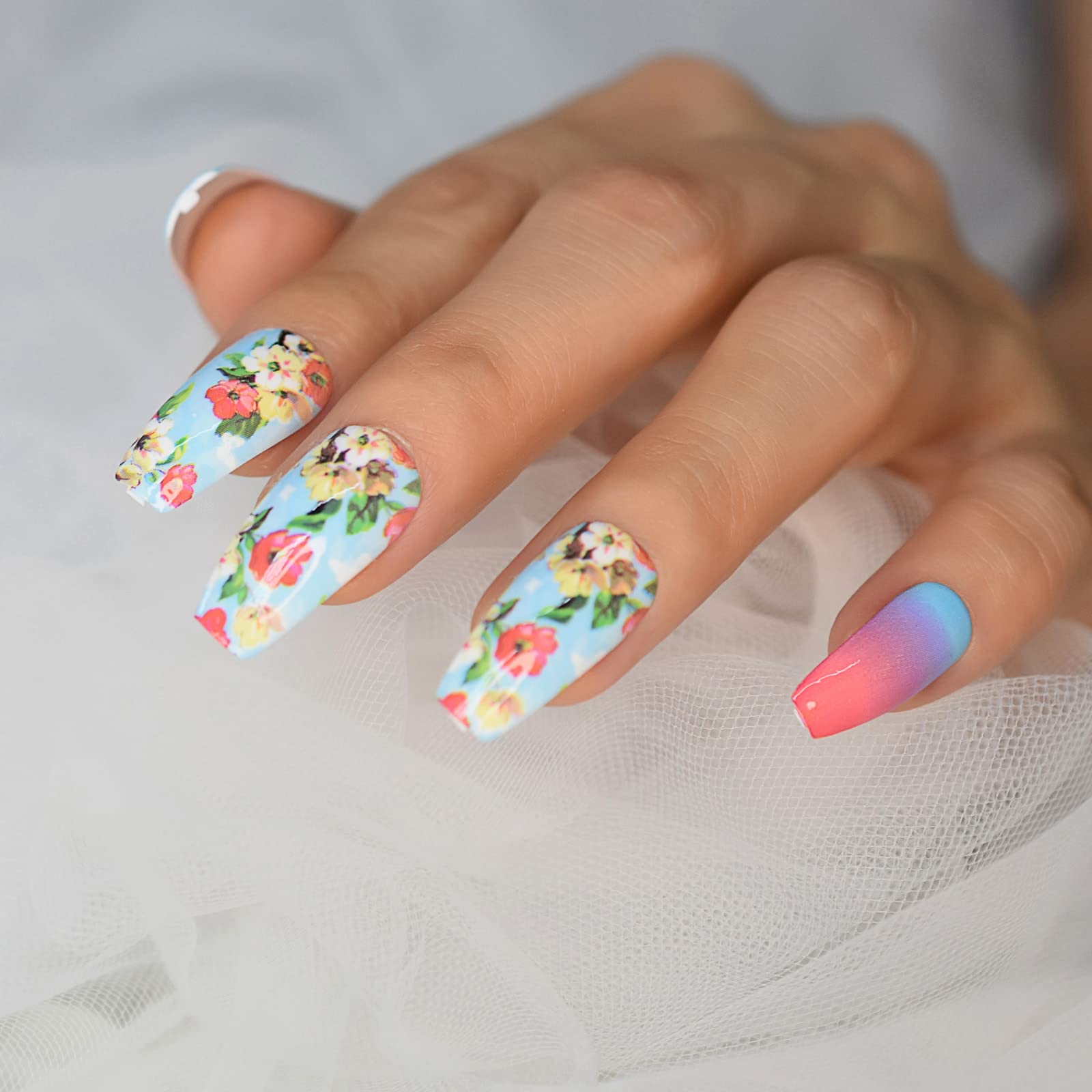 Medium Coffin Press on Nails Blue Pink Spring Flower Fake Nails Glossy Full Cove