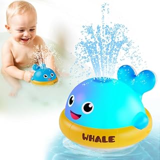 Baby Light Up Bath Toys: Toddler Water Toys for 1+ Year Old Boy Gifts, Blue | Whale Bath Toy Sprinkler with Colorful Lights | USB Charging & Waterproof | Playing in the Bathtub, Water Table & Garden Pool