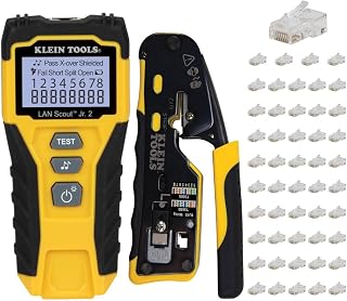 Klein Tools 80072 Cable Tester Kit, 3-Piece | LAN Scout Jr. 2 Cable Tester, Coax Crimper/Stripper/Cutter Tool, and 50-Pack Pass-Thru Modular Data Plugs