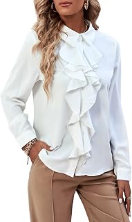LYANER Women's Collared Neck Button Down Ruffle Long Sleeve Blouse