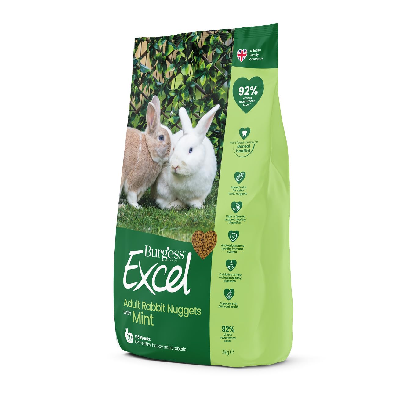 Burgess Excel Nuggets with Mint Adult Rabbit Food 3 kg | High Fibre Pellets, Ext