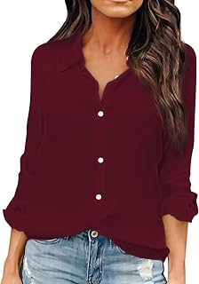 OMSJ Women Button Down Shirts Long Sleeve Chiffon Office V Neck Casual Business Blouses Tops