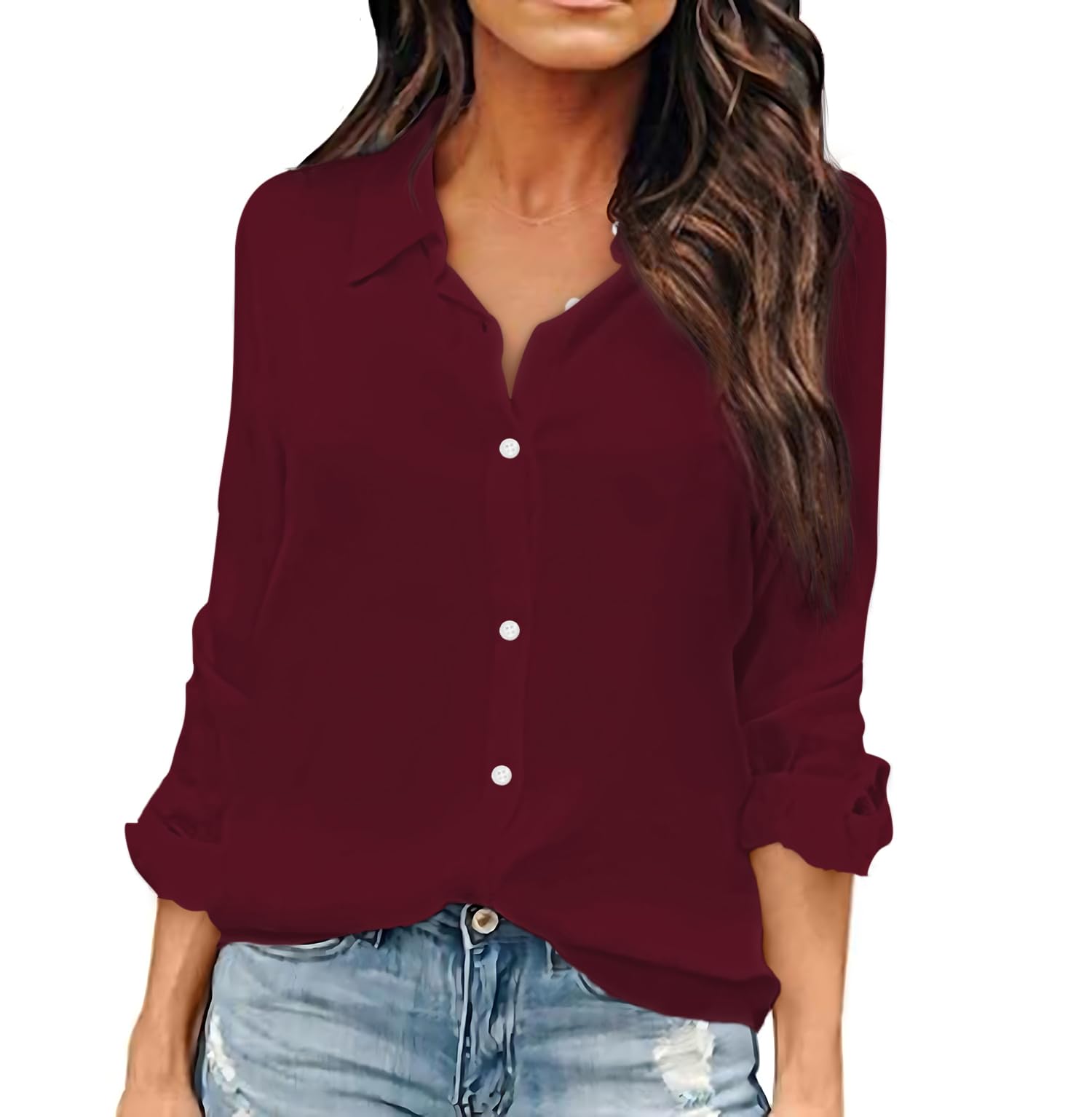 OMSJ Women Button Down Shirts Long Sleeve Chiffon Office V Neck Casual Business 