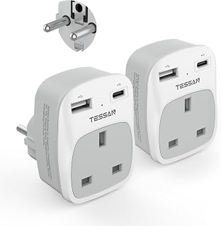 TESSAN UK to European Plug Adapter, Type E F EU Travel Adapter with USB C | Schuko Grounded Travel Adaptors UK to Euro for Europe Spain Germany France Iceland Poland Russia (Type E F) 2 Pack