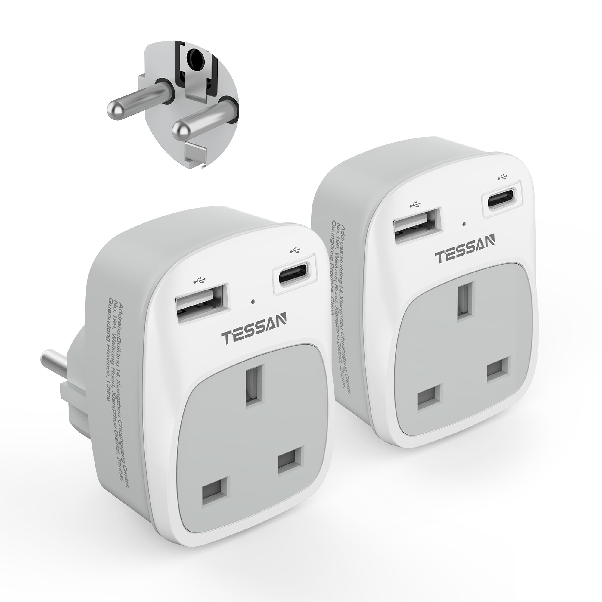 TESSAN UK to European Plug Adapter, Type E F EU Travel Adapter with USB C | Schu