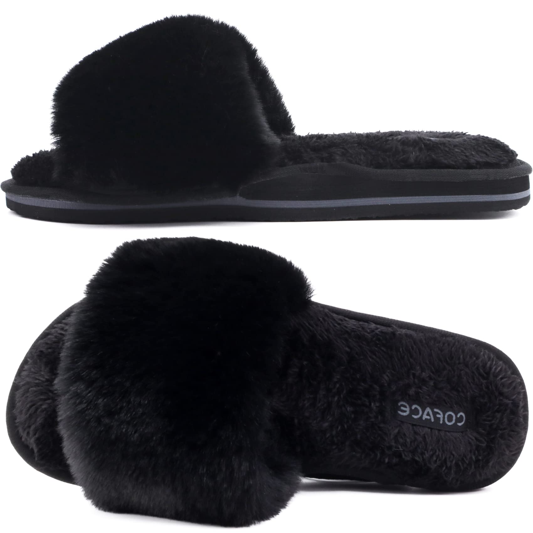 COFACE Womens Slides Fuzzy Slippers Open Toe Fluff Slippers With Arch Support Pl