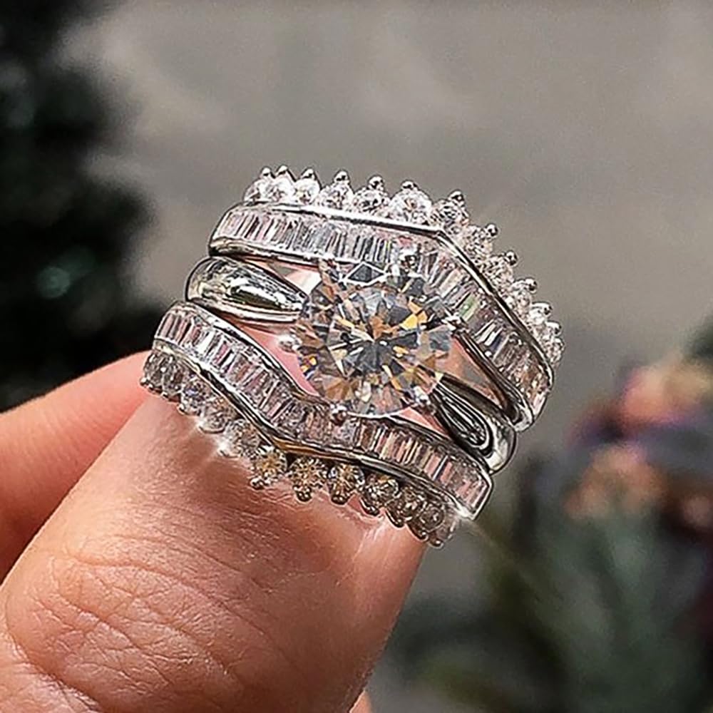 Luxury 3 Pieces Cubic Zirconia Ring Set for Women Removable Wear Lady Wedding Je