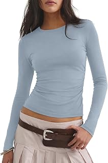 Darong Womens Long Sleeve Basic Shirt Crew Neck Ruched Fitted Fall Tops