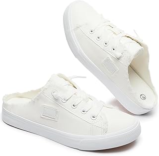 BENPAO Women's Mules Slip on Sneakers White Canvas Shoes Loafers