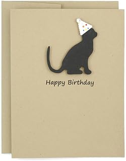 Embellish by Jackie Black Cat Birthday Card | Handmade Single Greeting Card | Cat Silhouette with Party Hat Notecard with Envelope