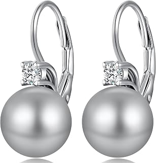 jiamiaoi Women Pearl Earrings Silver Pearl Earring Drop Earring for Women 925 Sterling Silver Leverback Earrings with Pearls 10MM Dangle