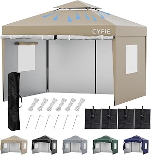 CYFIE Tarp Tent, 9.8 x 9.8 ft (3 x 3 m), Includes 4 Side Sheets, One-Touch Tarp Tent, Height Adjustment, UV Protection, Water Resistant, 59.1 inches (1,500 mm), Ventilation, 9.8 ft (3 m), One-touch