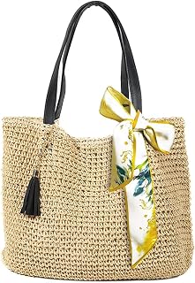 Straw Beach Bags for Women Woven Tote Bag Summer Travel Beach Handbag Handmade Boho Straw Bag for Holiday and Shopping (Beige)