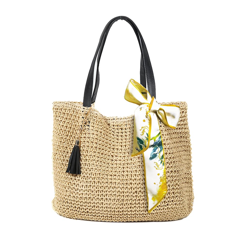 Straw Beach Bags for Women Woven Tote Bag Summer Travel Beach Handbag Handmade B