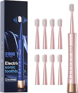 AJELU Sonic Electric Toothbrush for Adults, USB Rechargeable Sonic Toothbrush with 8 Brush Heads, Smart Timer, 5 Modes, 2-Hour Fast Charge Last 30 Days, Pink