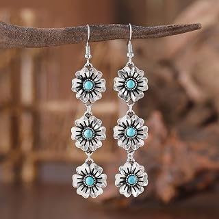 Vintage Western Ethnic Style Ancient Silver Inlay Turquoise Flower Splicing Dangle Earrings Retro Bohemian Women Earrings Gift for Her