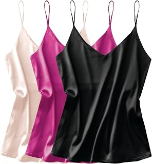 Ekouaer 3 Pack:Women Silk Satin Tank Tops V Neck Spaghetti Strap Camisole Loose Sleeveless Blouse
