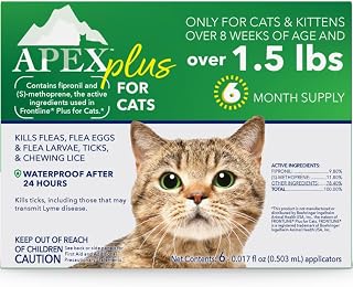 Apex Plus Flea & Tick Prevention Drops for Cats, 1.5+ lbs, 6-Month Supply | Topical Treatment, Easy to Apply, 24-Hour Activation, Waterproof, 30-Day Protection, 6 Doses, Made in the USA