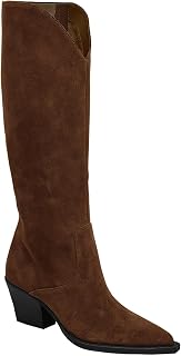 Coutgo Womens Wide Calf Cowboy Boots Suede Knee High Chunky Heel Pointed Toe Western Cowgirl Boots