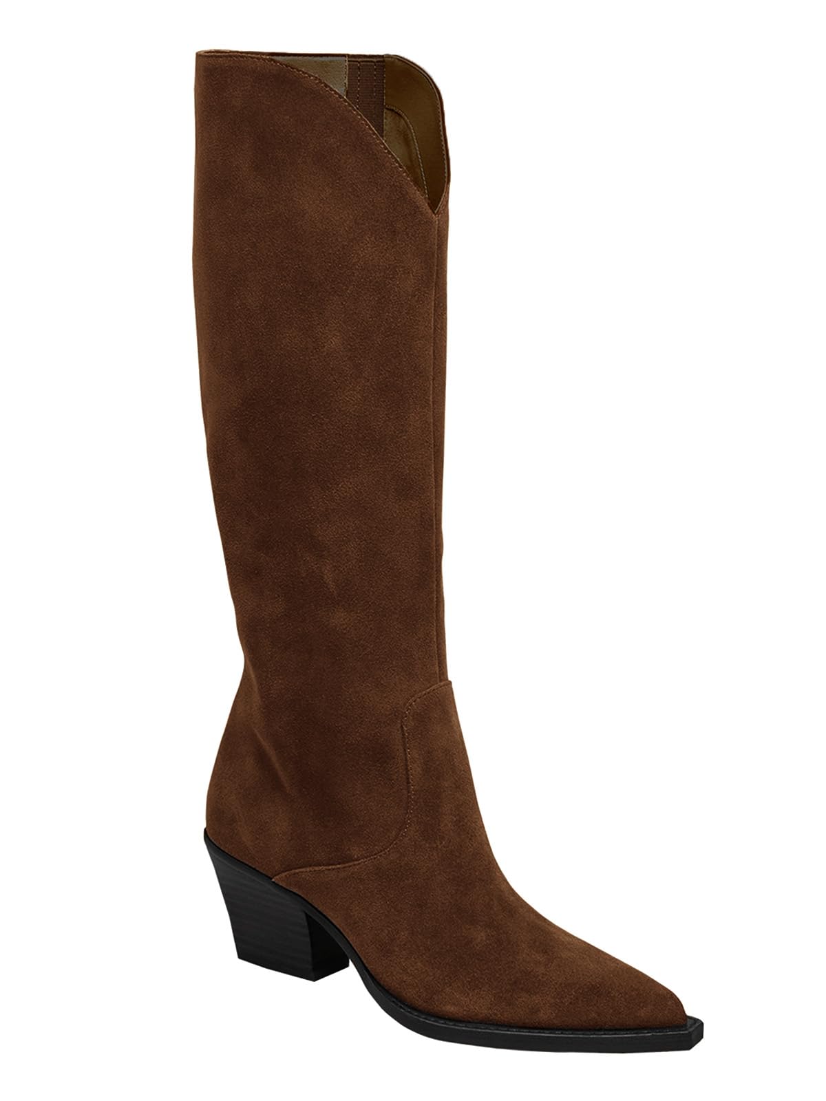 Coutgo Womens Wide Calf Cowboy Boots Suede Knee High Chunky Heel Pointed Toe Wes