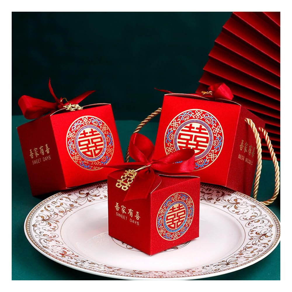 10pcs Red Wedding Candy Boxes Chinese Style Packing Boxes with Ribbons Container