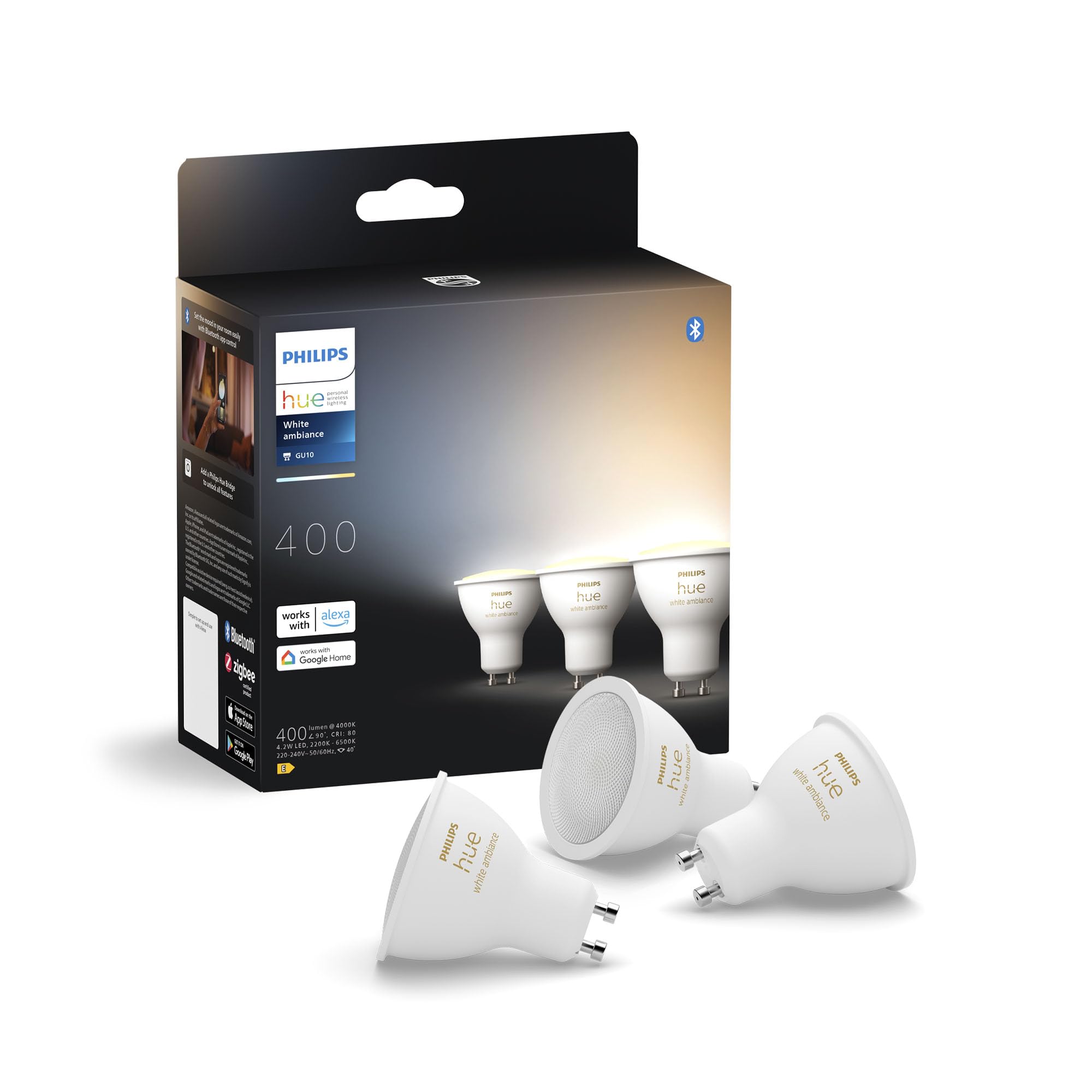 Philips Hue Bombilla Foco GU10, 3 Uds. | White Ambiance Light, Smart LED, 400lm,