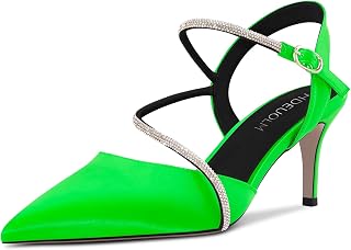 HDEUOLM Women's Needle Mid Heel Pointed Toe Sandals Slingback Diamond Crystal Party Cute 6.5 CM Heels