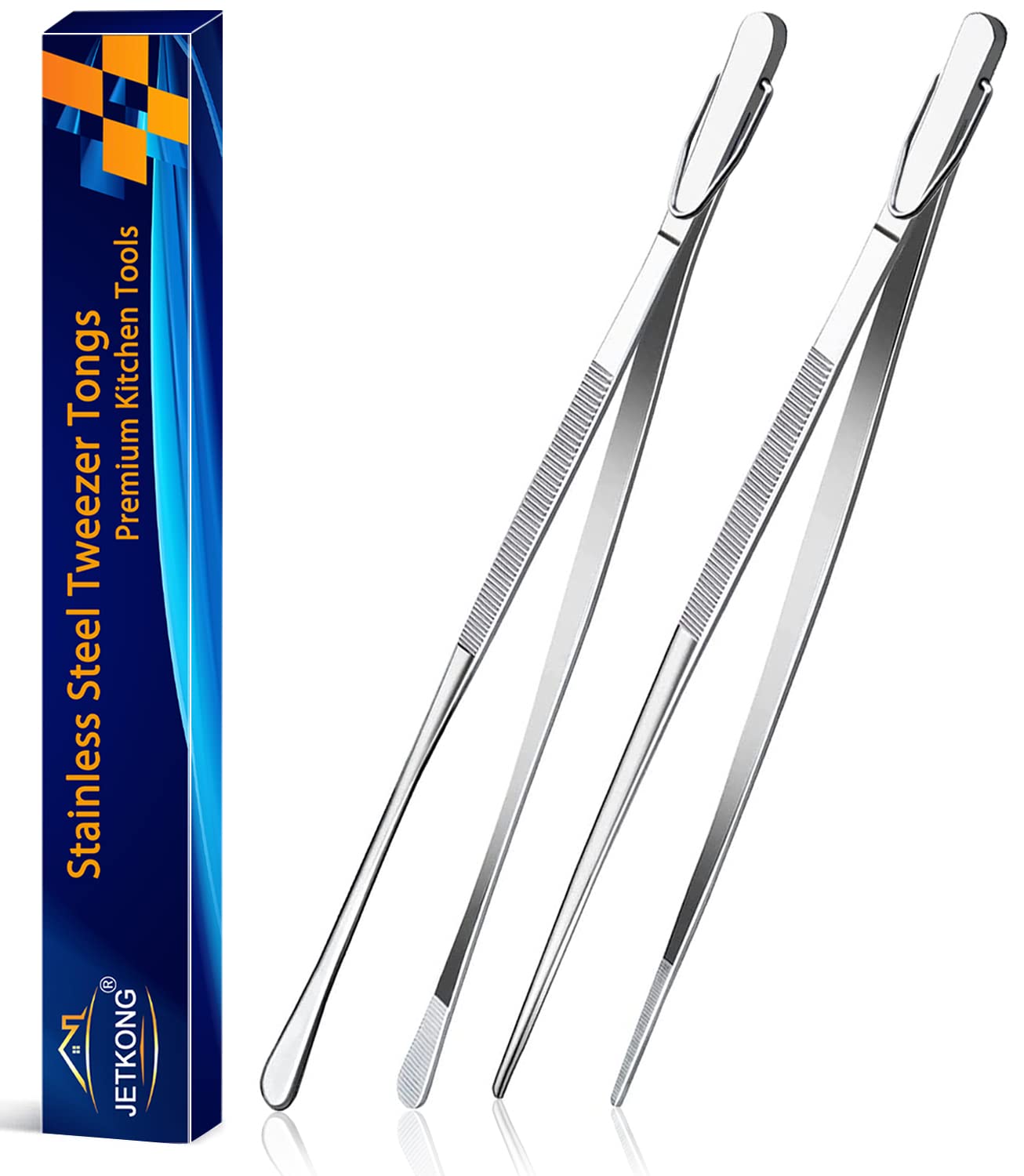 JETKONG 2 Pcs 12-Inch Kitchen Tweezers Fine Tweezer Tongs, Extra-Long Stainless 