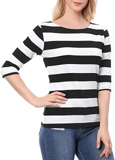 Allegra K Women's Striped Shirt U Boat Neck Half Sleeve Striped Top Party