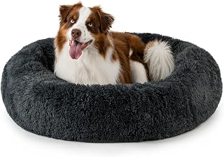 lionto Donut bed for dogs and cats, fluffy round dog bed for small and large pets, Ø 100 cm, soft cat bed made of cuddly plush, dog cushion with extra thick filling, dark grey