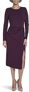 Calvin Klein Long Sleeve Round Neck Scuba Crepe Side Ruffle Midi Dress Vestido para Mujer