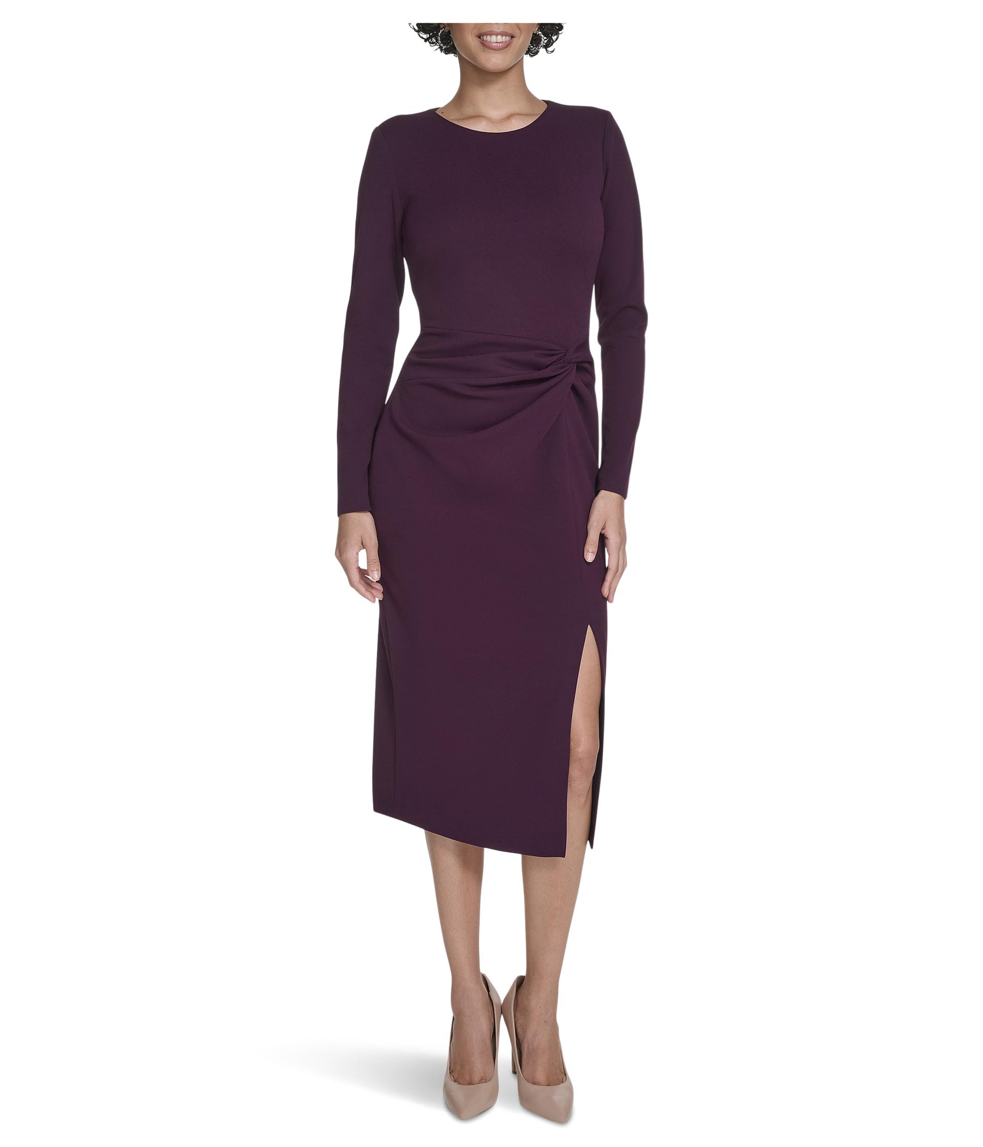 Calvin Klein Long Sleeve Round Neck Scuba Crepe Side Ruffle Midi Dress Vestido p