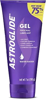 ASTROGLIDE Water-Based Lube, Thicker Gel, Stay-Put No Drip, 7 Fl Oz | Thick gel lubricant formula that stays put with no drip. Enhances pleasure, safe for latex condoms and toys. Easy cleanup.