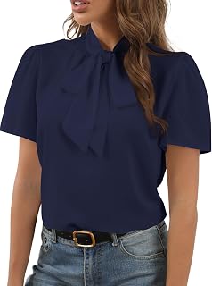 Rooscier Women Bow Tie Knot Stand Collar Short Sleeve Elegant Workwear Blouse Shirt Top
