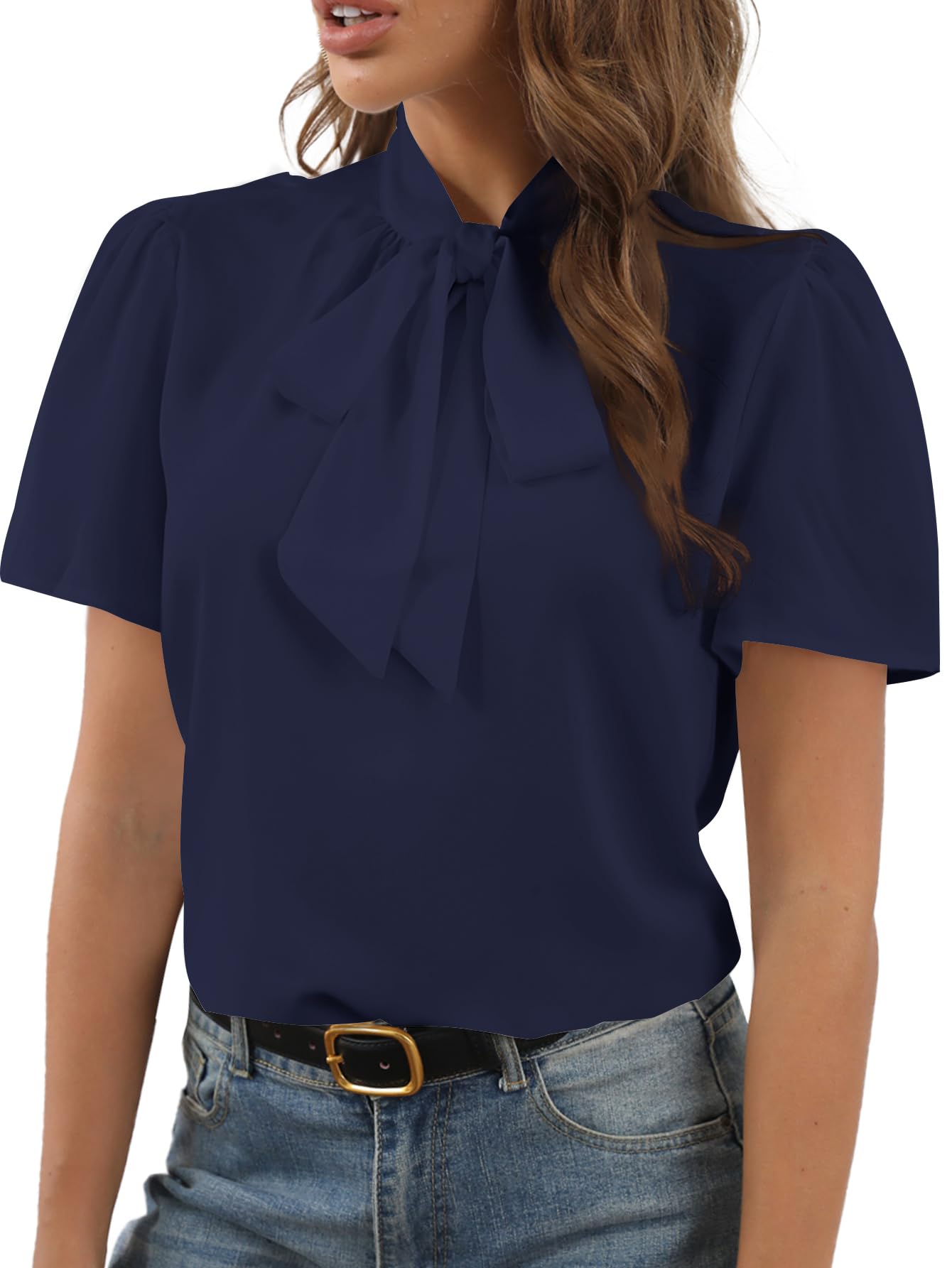 Rooscier Women Bow Tie Knot Stand Collar Short Sleeve Elegant Workwear Blouse Sh