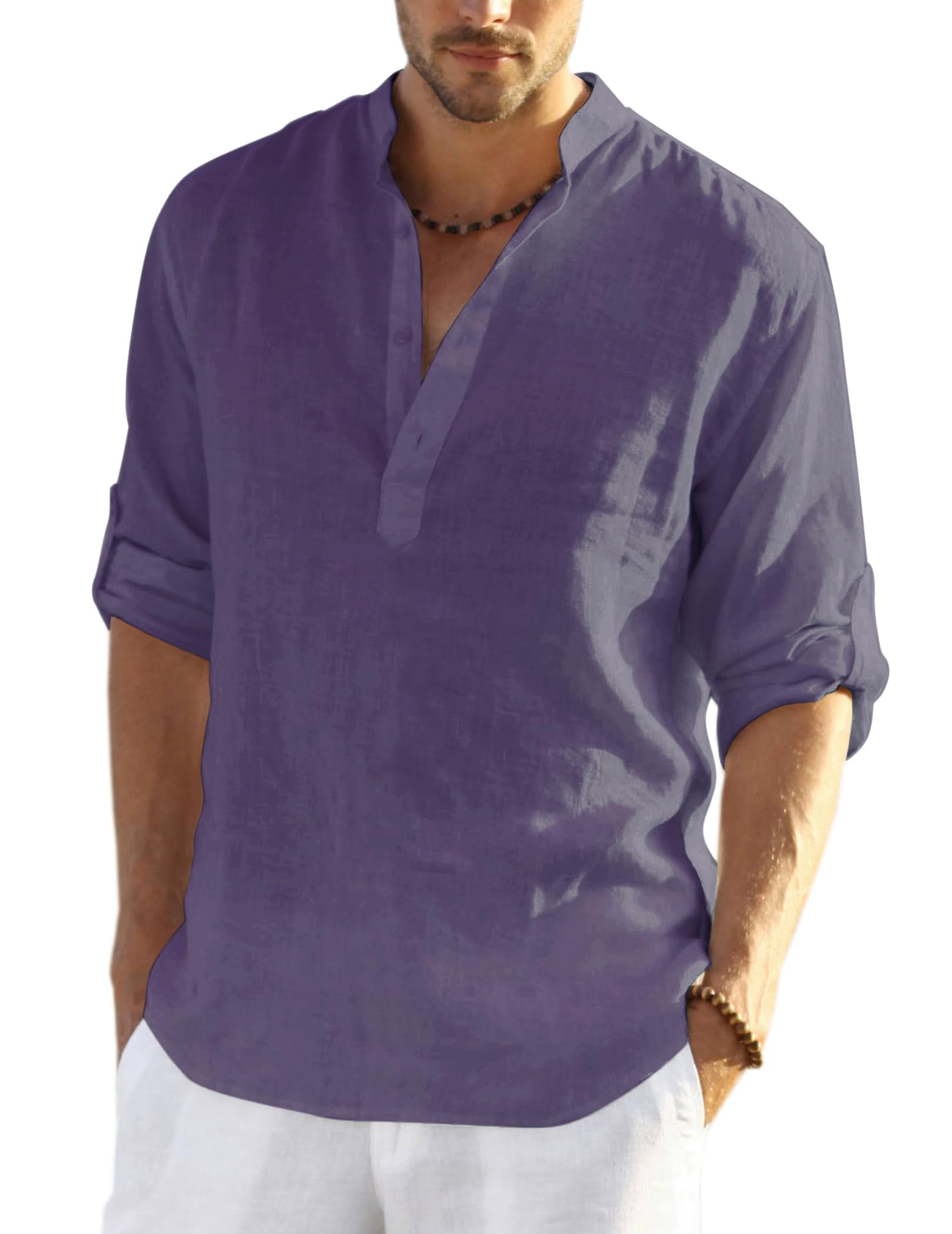 COOFANDY Men's Cotton Linen Henley T-Shirts Long Sleeve Casual Beach Shirts