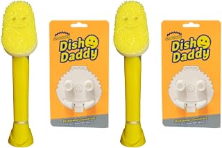 Scrub Daddy Dish Daddy Wand & Connector Head, Soap Dispensing Dish Brush, Texture Changing Washing Up Sponge With Liquid Handle, Handle Sponge with Built-in Scraper, Scrubbing Head & Stand - Yellow