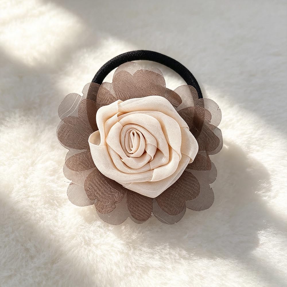 Rose Black Floral Hair Scrunchie, Vintage French Rubber Band, Elegant Flower Hai