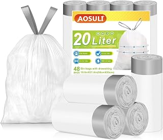 20L Bin Bags White, Pedal Bin Liners with Drawstring, 60 Counts