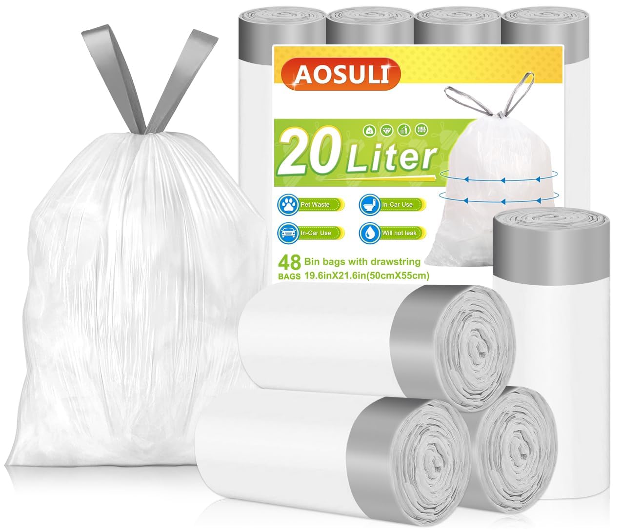 20L Bin Bags White, Pedal Bin Liners with Drawstring, 60 Counts