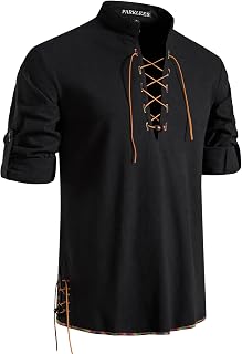 PARKLEES Men's Retro Cotton Casual Shirt Long Sleeve Lace-up Shirts Medieval Viking Pirate Costume for Halloween