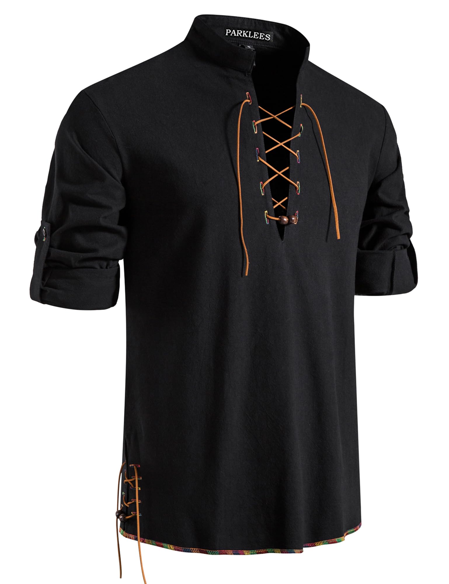 PARKLEES Men's Retro Cotton Casual Shirt Long Sleeve Lace-up Shirts Medieval Vik
